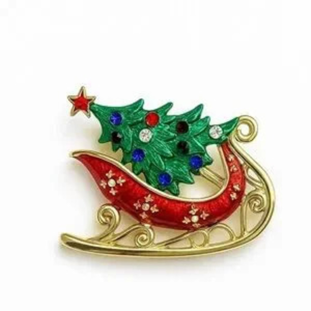 Classic Festive Christmas Tree and Sleigh Brooch